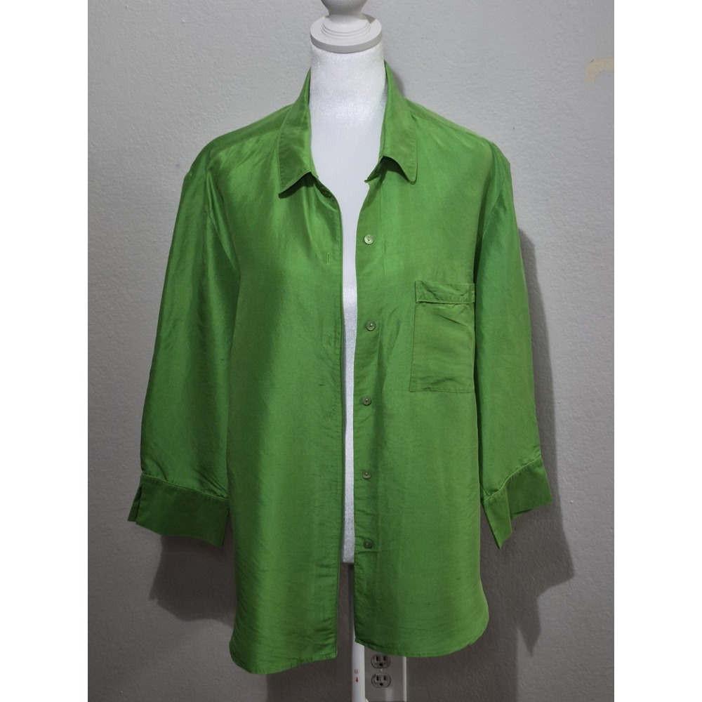 Preston & York Women's Green 100% Silk Button Down Blouse Minimalist Size 16